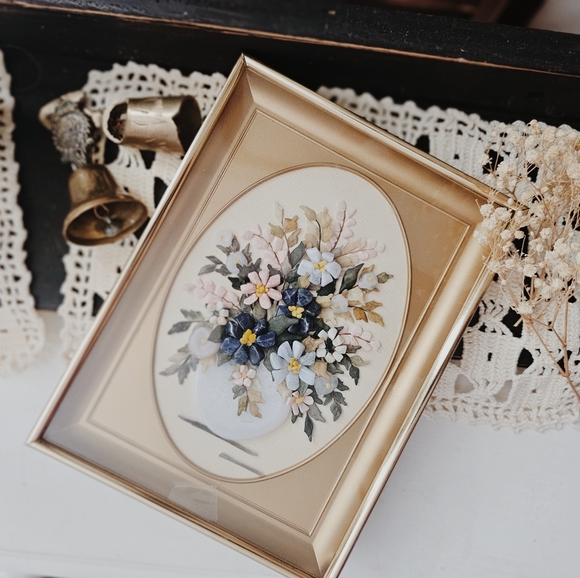 Vintage Other - Vintage Shadow Box Rock Floral Wall Art with Blue, Pink, Navy, Green, Ivory